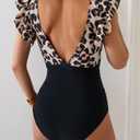 B2prity One Piece Swimsuits for Women Ruffle Sleeve V Neck Bathing Suit Tummy Control Cutout Monokini Slimming Swimwear Leopard Black, Large