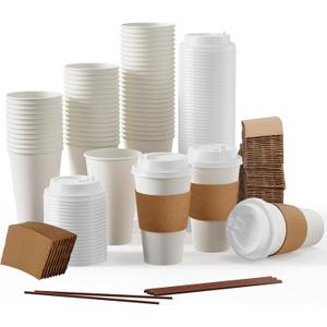 JOLLY PARTY [100 Pack] 16 oz Paper Coffee Cups, Disposable Paper Coffee Cup with Lids, Sleeves, and Stirrers, Hot/Cold Beverage Drinking Cup for Water, Juice or Tea, Suitable for Home,Shops and Cafes