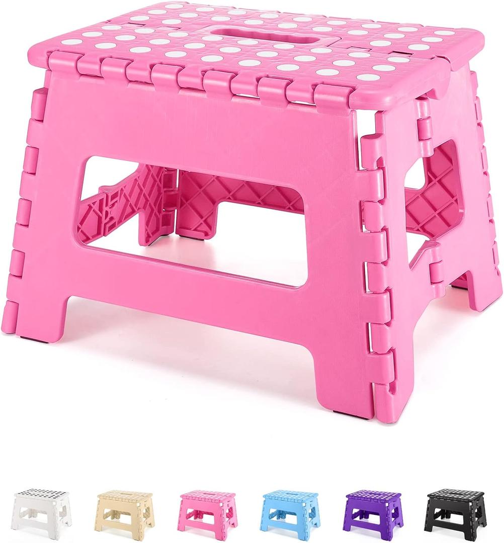 Dyforce Folding Step Stool 9 Inch, Kids Step Stool, Heavy Duty Step Stools for Adults, Compact Foot Stools, Light-Weight Toddler Step Stools for Kitchen, Bathroom, Holds Up to 300 lbs (Pink)