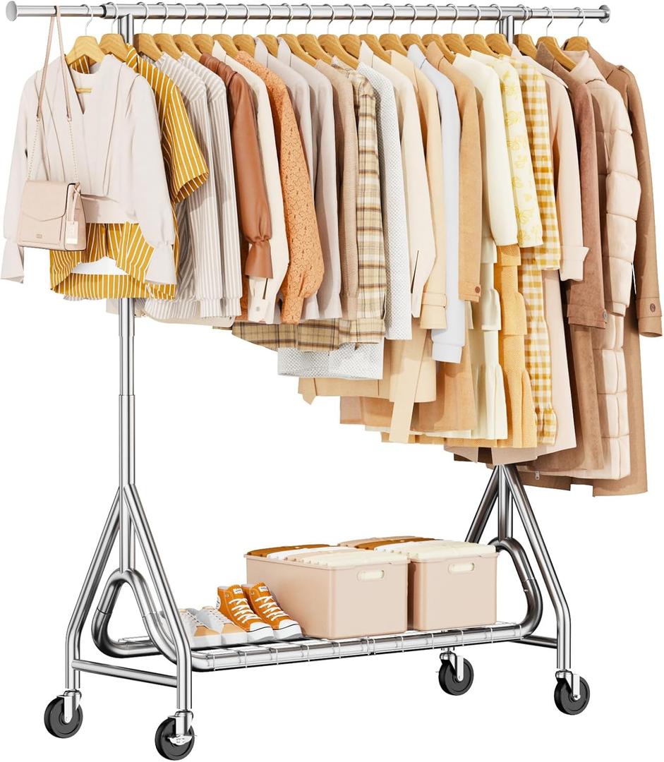 Heavy Duty Clothing Rack, Metal Clothes Rack Load 450 LBS, Rolling Coat Racks for Hanging Clothes with Lockable Wheels, Wardrobe Closet Garment Racks for Bedroom, Silver