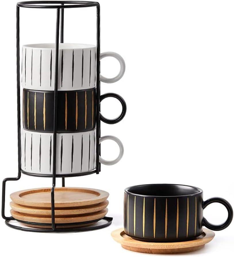 LUKA Porcelain Espresso Cup with Saucer and Metal Stand, 6 Ounce Stackable Ceramic Demitasse Espresso Mugs Cappuccino Cups Set for Latte,Coffee,Cafe Mocha,Tea(Set of 4) (Black & White Stripes)
