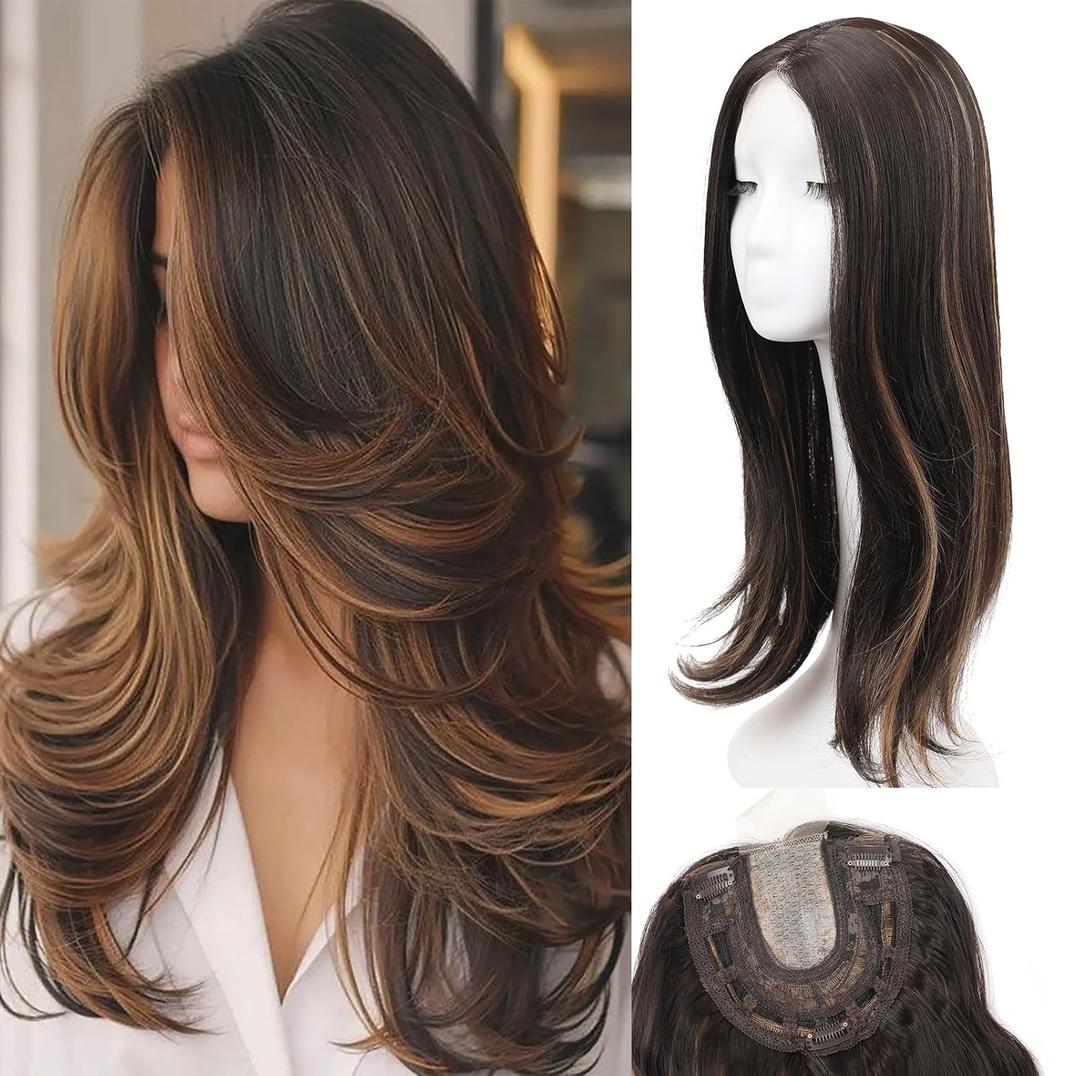 Lumhun 18Inch Hair Toppers for Women with Thinning Hair, Heat Resistant Fibre Synthetic 6.5" x 6.5" Base,Long Layered Topper for Women(Dark Brown with Highlights.18inch)