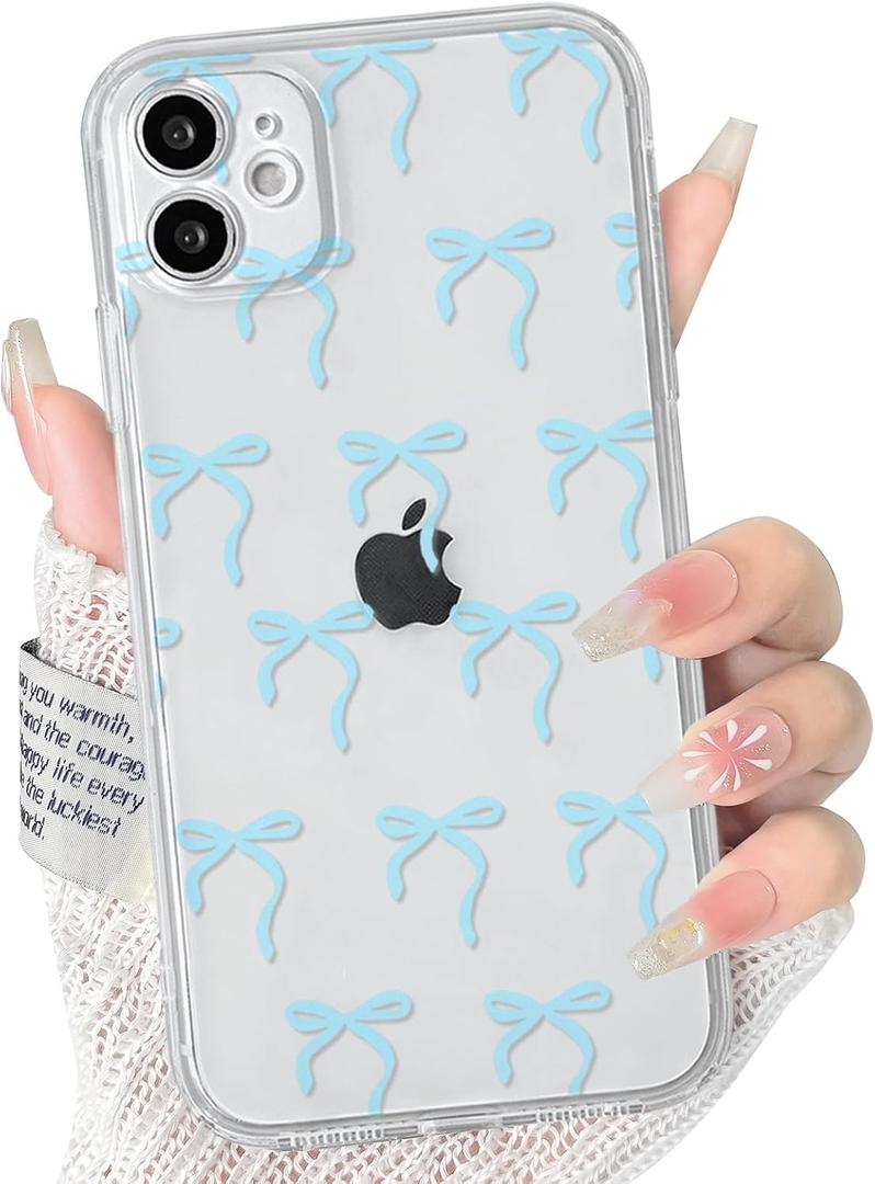 NITITOP Compatible with iPhone 11 Case Clear Cute Bowknot Ribbon Pattern for Women Girls Soft TPU Anti Yellowing Shockproof Full Camera Protection Cover - Blue