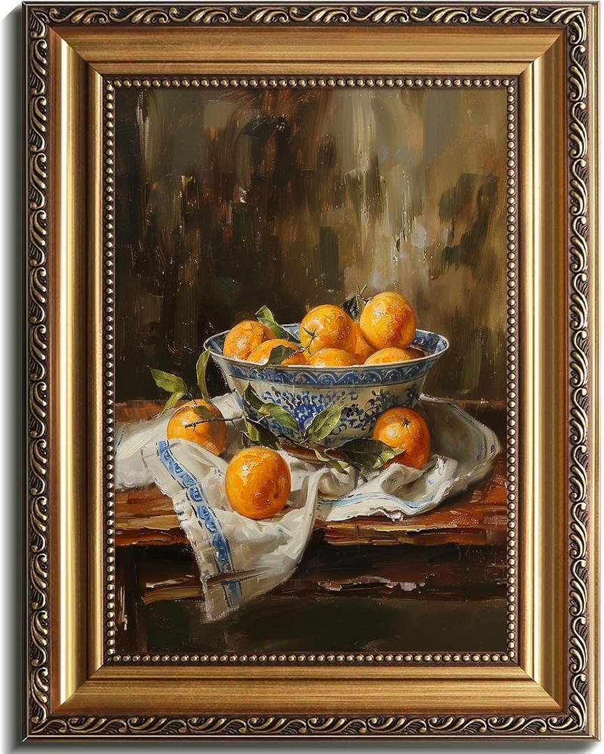 Vintage Gold Framed Wall Art Moody Oranges Painting, Vintage Fruit Still Life Kitchen Home Decor with Antique Frame, Antique Oranges Oil Painting for Bedroom, Country Kitchen Wall Art 16x24