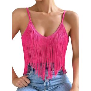 Womens Western Cowgirl Fringe Top - Country Concert Outfits Festival Tassel Hem Boho Rodeo Camisole Rave Tank Shirt (Small, Pink)