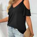 LilyCoco Womens Cold Shoulder Tops Casual Summer Short Sleeve V Neck T Shirts Black Small (Black, S)