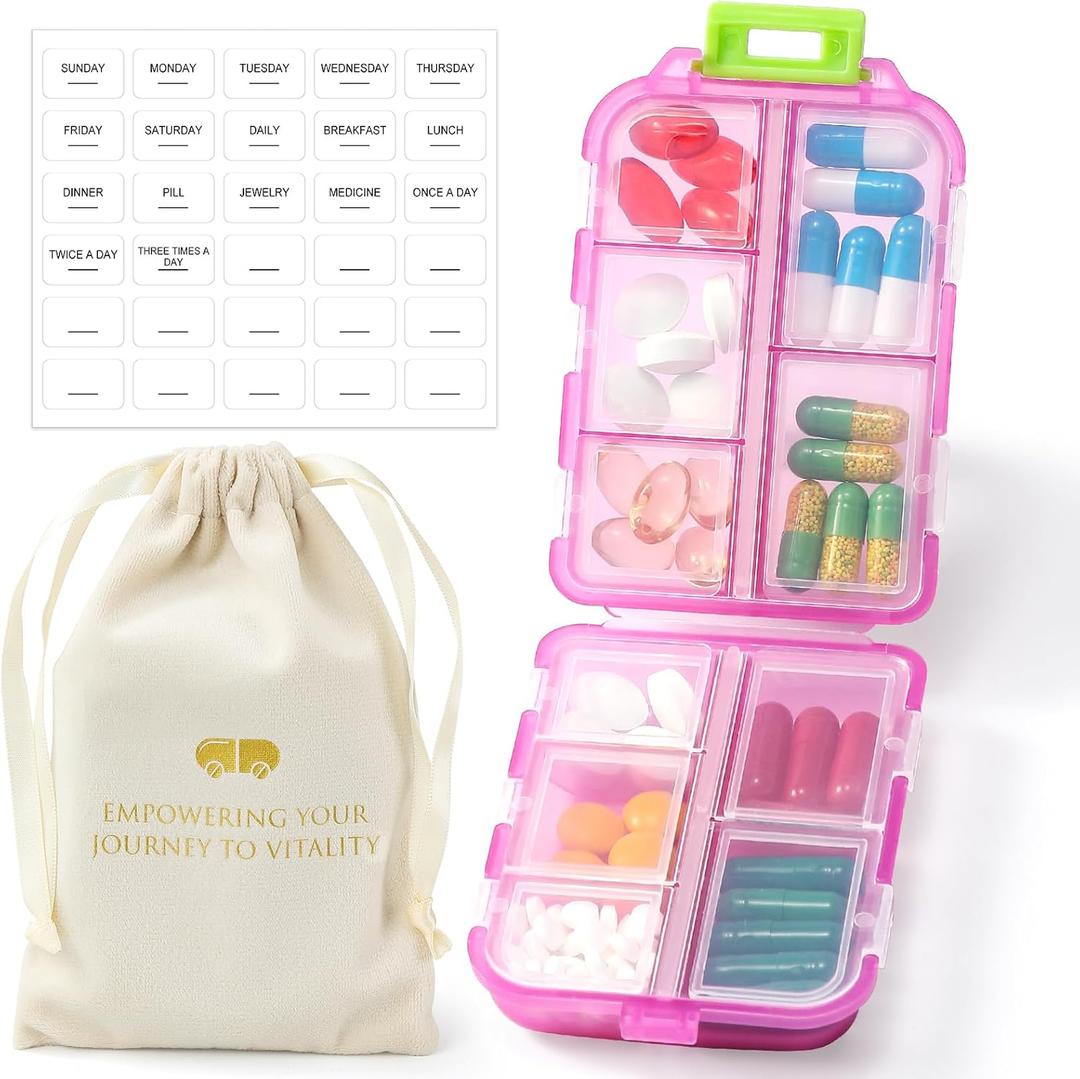 1 Pack Travel Pill Organizer w Labels & 1 Drawstring Pouch, Small 10 Compartments Pocket Pharmacy, Handy Pill Holder Box - Portable Medicine Container Case - Daily Weekly Medication Organizer - Pink