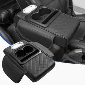Car Armrest Cushion with Cup Holder & Phone Slot, Leather Center Console Armrest Pad with Storage Bags, Universal Console Protector for Most Vehicles SUV Truck Jeep Accessories (Black, Embroidered)