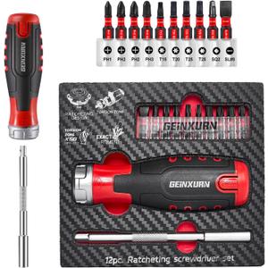 12Pieces Ratcheting Screwdriver Set, 12-in-1 Multi-bit Magnetic Screwdriver Quick-Load Mechanism, S2 Steel Phillips, Slotted, Torx, Square Bits, Impact Bit Holder with Eva Foam Storage Tray