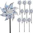 Hausse 10 Pack Reflective Pinwheels with Stakes, Extra Sparkly Pinwheel for Garden Decor, Bird Devices Deterrent to Scare Birds Away from Yard Patio Farm (Silver)