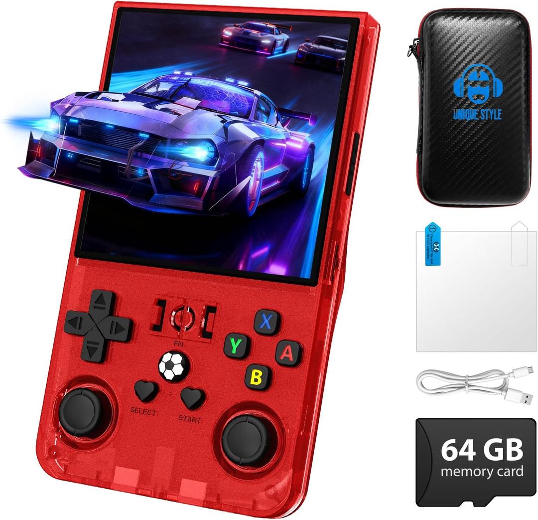 R36MAX Handheld Game Console, Retro Gaming Console with 4000mAh Battery 4.0IPS Screen, Open Source Linux System, with 64GB TF Card Portable Video Gaming Console, Transparent Ruby