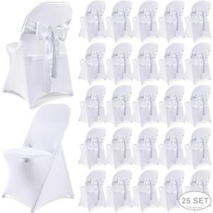 Lounsweer 50 Pcs Folding Chair Cover Set with 25 Stretch Spandex Slipcovers 25 Satin Chair Sashes Bows Ribbon Washable Banquet Protector for Wedding Event Party(White, White)