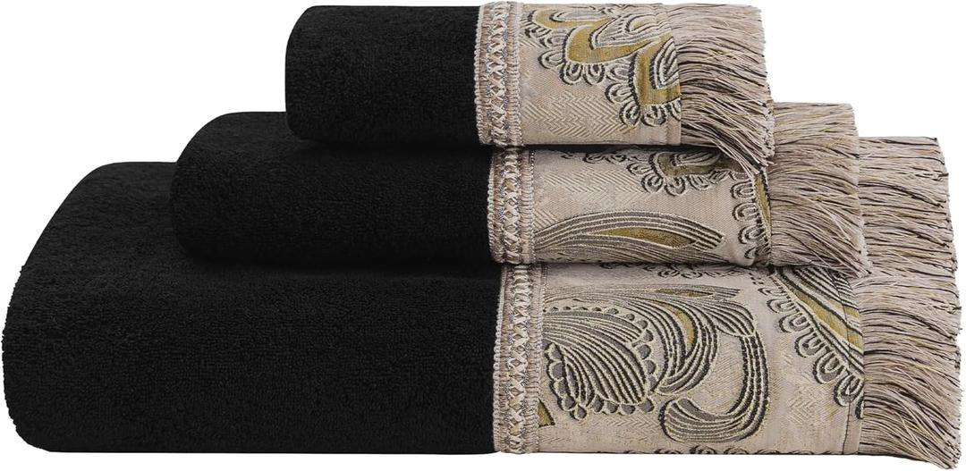 Loom and Mill Luxury Cotton Bath Towel Set 3 Piece-1 Bath Towel 1 Hand Towel 1 Wash Cloth, Ultra Soft Decorative Towel Sets Highly Absorbent for Bathroom, Royal Damask Design(Black-Taupe Gold)