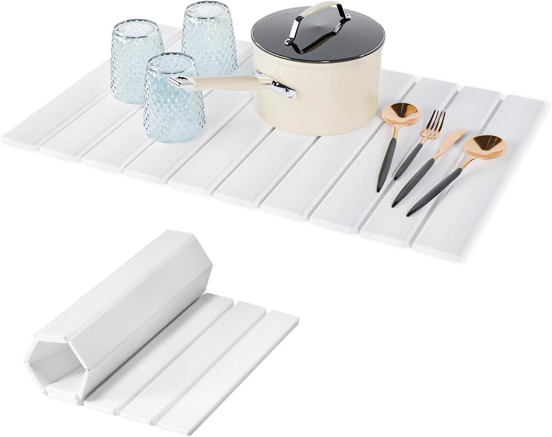 Dish Drying Mat for Kitchen Counter, 24"  16" Large Stone Drying Mat, Foldable Quick Dry Stone Mats, Ultra Absorbent Diatomaceous Earth Dish Mat for Dishes, Bottles, Cups, White