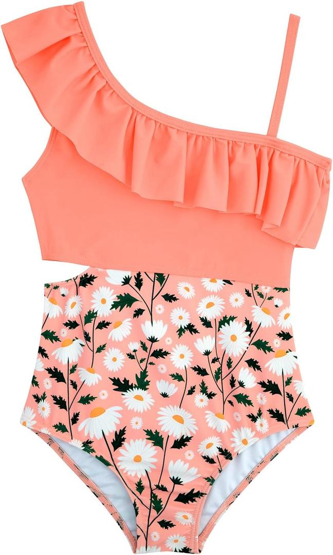 Girls One Piece Swimsuits Cutout Ruffle Bathing Suit Quick Dry Beach Swimwear with Adjustable Strap 12 Years (Orangepinkdaisy)