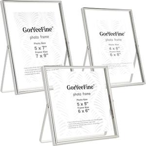 Silver Floating Picture Frames Set of 3,Metal Beaded Photo Frames 7x9'', 6x8'' 6x6'' with Double Class for 5x7, 4x6, 5x5 - Tabletop Floating Picture Frames for Home Wedding Decoration,Gift for Christmas, wedding