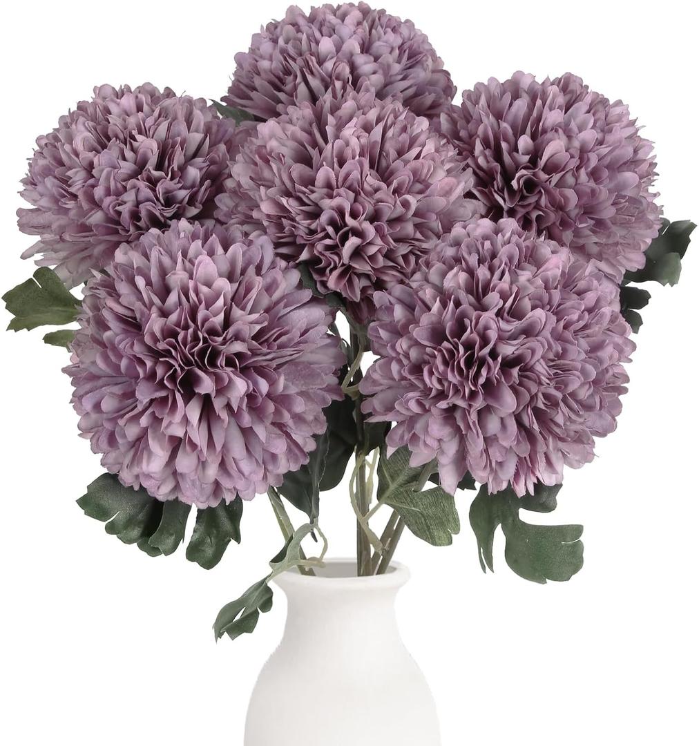 IPOPU 6PCS Large Fake Chrysanthemums 21.6 Purple Mums Artificial Flowers Faux Silk Flowers with Long Stems for DIY Floral Arrangement Home Wedding Party Garden Decoration(Purple)