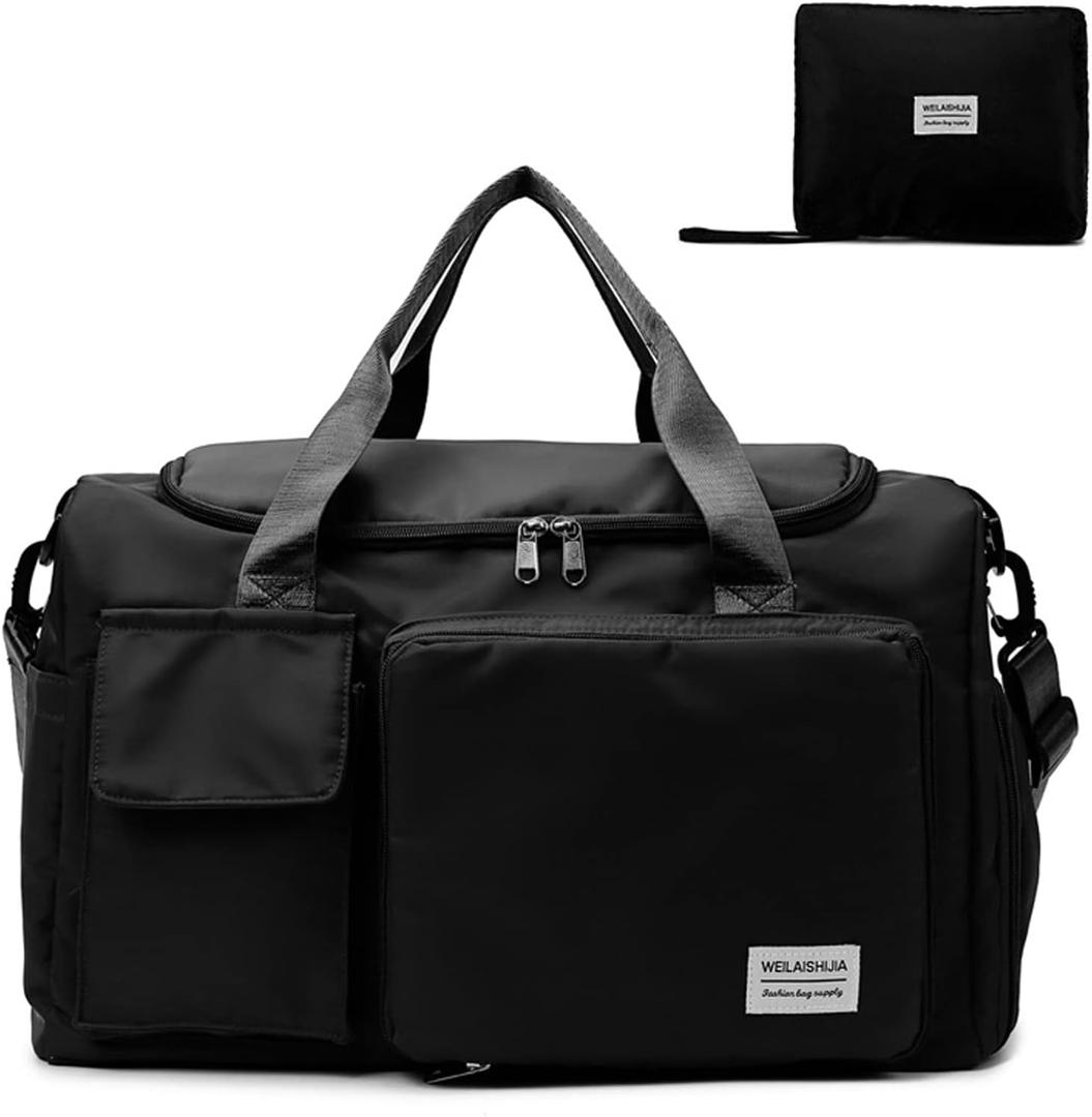 Travel Bag, Large Capacity Folding Travel Bag, Sports Gym Bag with Wet Pocket & Shoes Compartment, Foldable Travel Duffel Bag, Weekender Overnight Bag for Women and Man (Black)