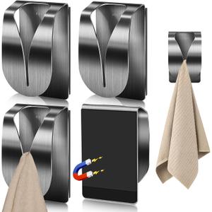 KIHOGEM 4Pcs Magnetic Towel Hook Holder, Super Strong Magnet Kitchen Towel Hanger for Refrigerator, Stainless Steel Dish Rag Holder for Fridge RV Garage (Sliver)