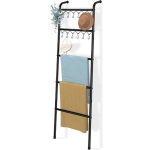 Simple Trending Blanket Ladder5 Tier Metal Towel Rack with 12 Hooks, 79'' Metal Style Decorative Ladder for The Living Room Bedroom Bathroom Home Decor, Black