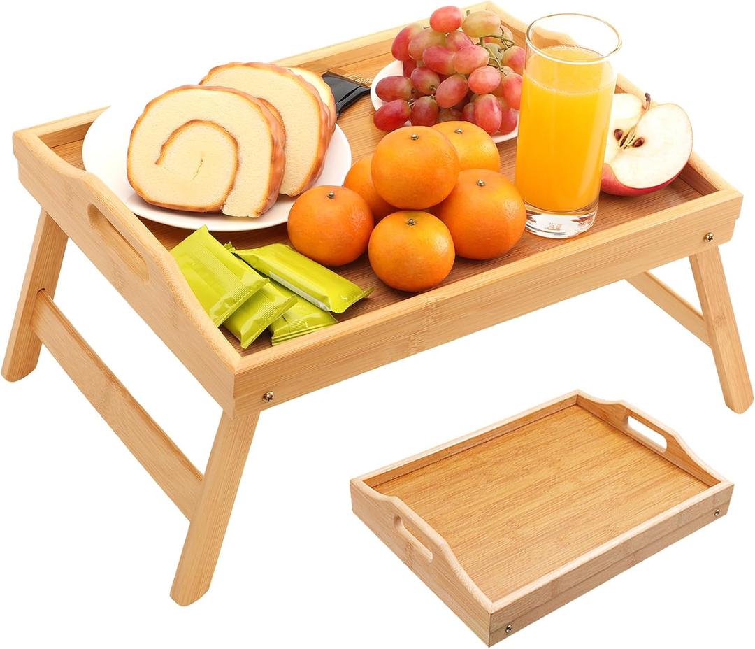 TOPULORS Bamboo Bed Tray with Folding Legs  15.7x11.8 Inch Portable Breakfast Table for Bed, Laptop & Tablet Stand, Foldable Snack Tray with Handles for Recliner, Eating, Working, & Serving