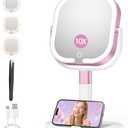 Makeup Mirror with Lights, 1X/10X Magnifying Vanity Mirror with Rechargeable 3 Color Lights, 360 Rotation 2-Sided Height Adjustable Brightness Cosmetic Lighted Magnified Mirror Tweezer