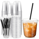 100 Set 12 oz Clear Plastic Cups with Lids and Straws, Disposable Iced Coffee PET Cups for Drinking Cold Beverage Juice Parfait Smoothie Milkshake Coffee Shops Party Supplies