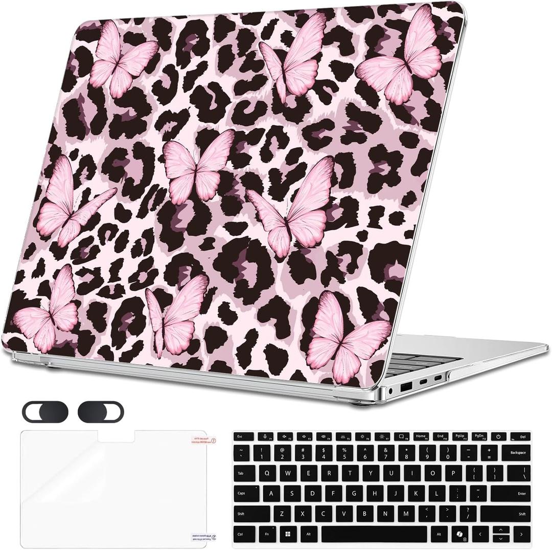 Case for Compatible with Microsoft Surface Laptop 13.8 inch Touchscreen 2024 Model 2036(7th Edition), Laptop Plastic Pattern Hard Shell Case, Keyboard Cover, Screen Protector, Butterfly&Leopard Print