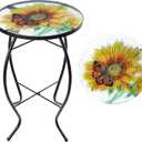VCUTEKA Patio Side Table Outdoor Accent Table Bistro Coffee Table Plant End Table Small Porch Table Indoor Round Glass Balcony Plant Table Stands Sunflower 14''