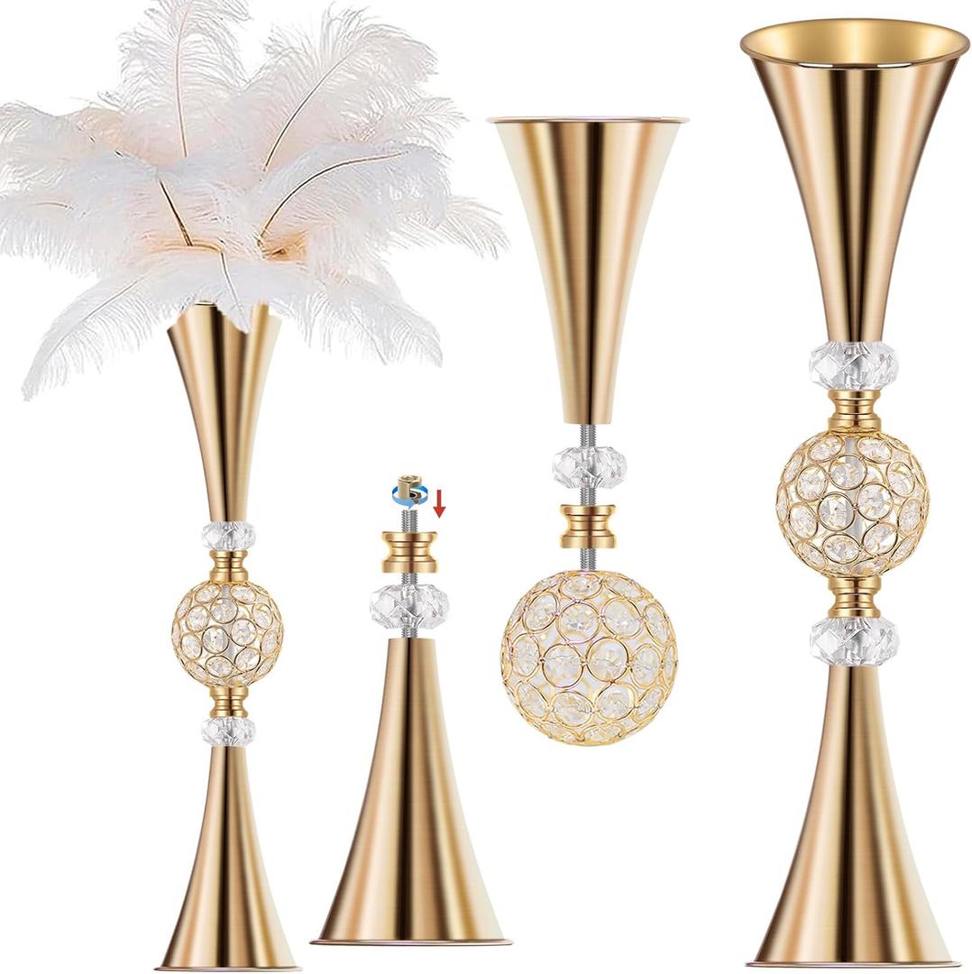 VIJIV Gold Crystal Flower Vases for Centerpieces Tables - Tall Trumpet Vase for Bouquet Decorative, Dining Table Dcor Flower Stand with Ribbed Texture for Events, Bridal Showers & Boho Weddings (Tall-23.6IN)