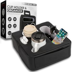 Premium Couch Cup Holder Tray  5-in-1 Faux Leather Console Caddy for Couch, Bed, Car & RV - Non-Slip, Spill-Resistant Organizer for Remotes, Snacks, Drinks & More - Travel-Friendly Cup Holder (Matte Black and Premium Grey)