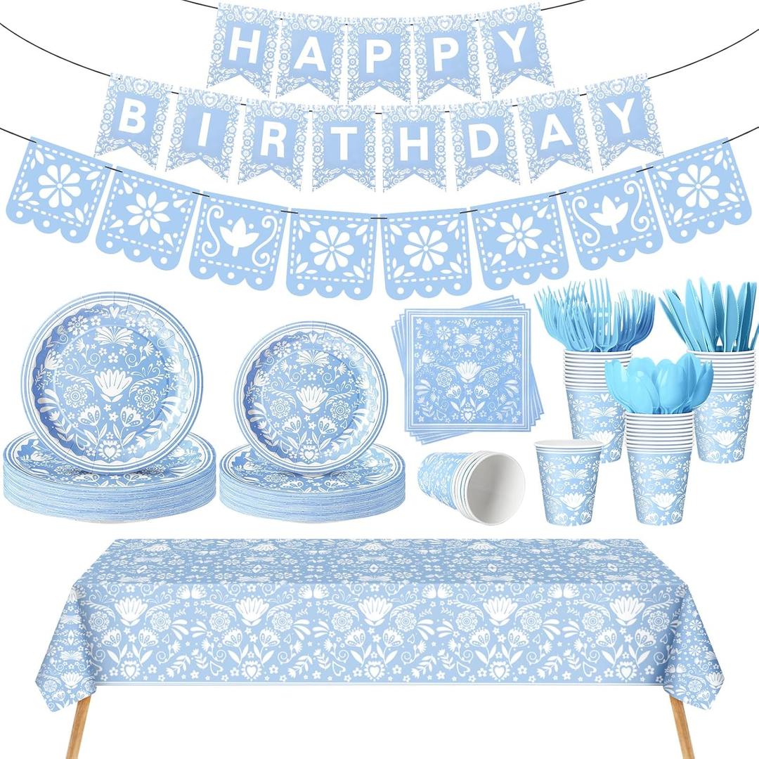Domensi 144 Pcs Mexican Birthday Party Decoration Supplies for 20, Mexican Floral Cielito Lindo Paper Plates Napkins Cups Banner Papel Picado Tablecloth Cutlery Fiesta Birthday Tableware(Blue)
