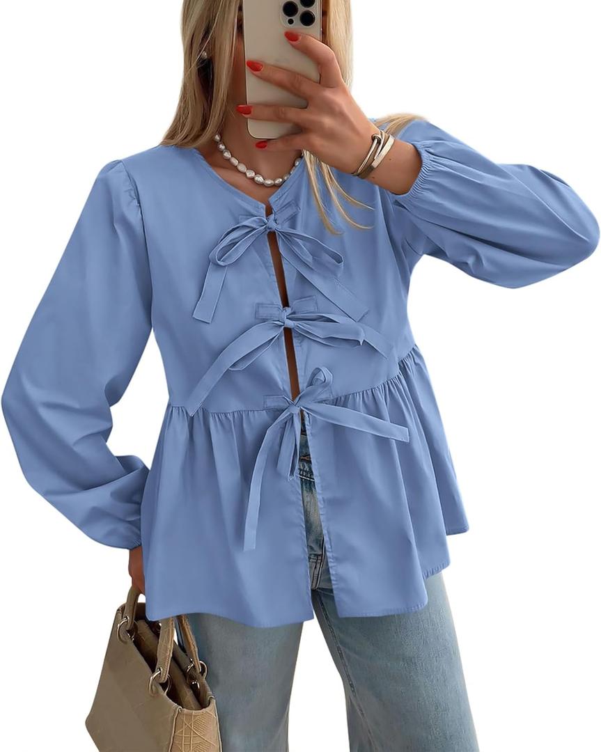 PRETTYGARDEN Women's Spring Fall Babydoll Peplum Blouse Shirt Puff Long Sleeve Bow Tie Front Trendy Cute Y2K Going Out Tops (S)