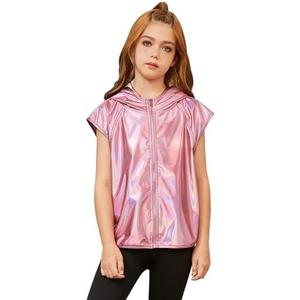 Jxstar Girls Metallic Hoodie Vest Kids Shiny Zip Up Outfit Sleeveless Disco Shirt with Pocket, 4-5T