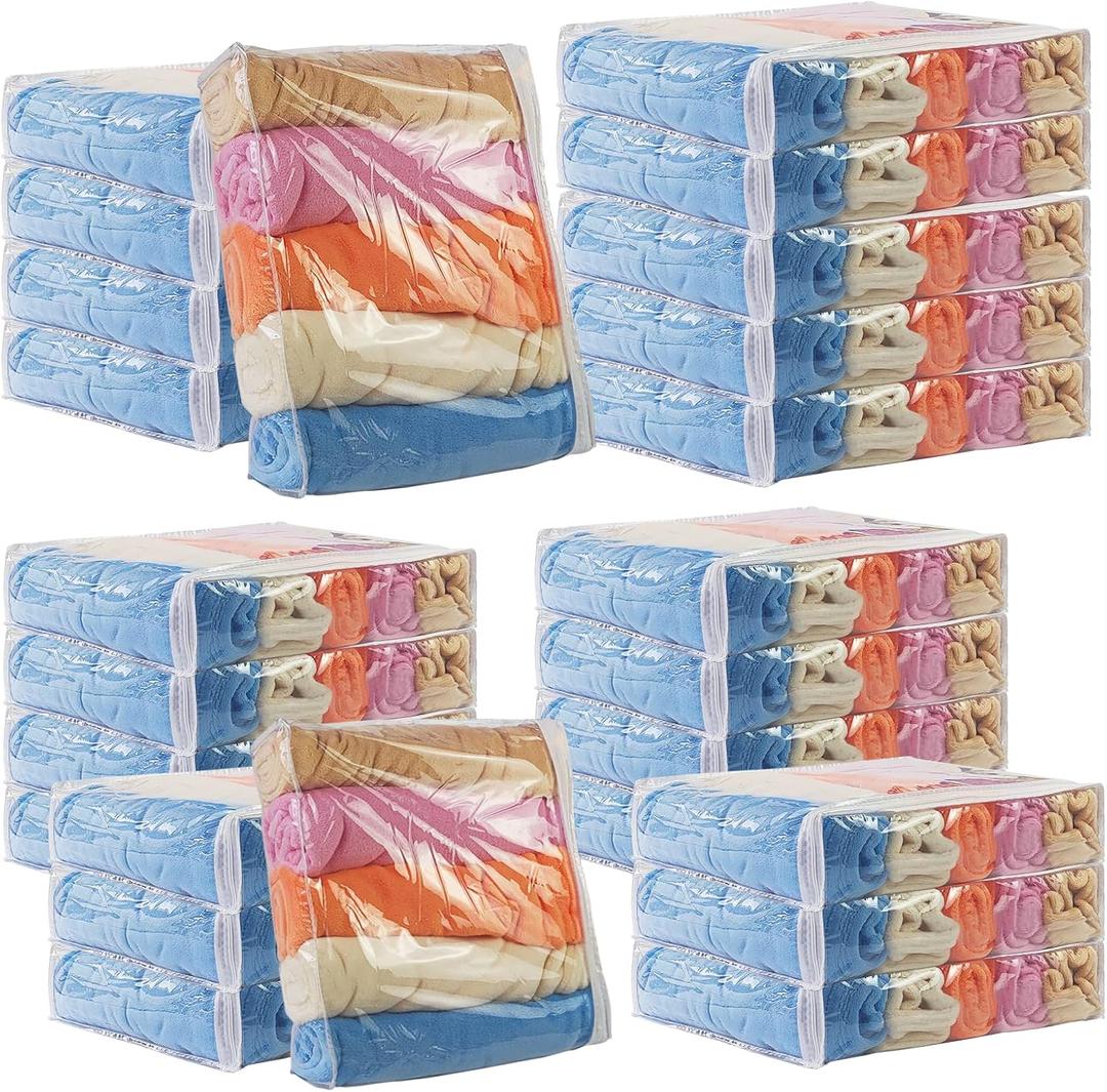 25Pcs Clear Vinyl Zippered Storage BagsBlankets Storage Bags Plastic Storage Bags for Sweater Clothes Bed Sheet Organizer with Zipper for Closet Linen Sweater Bed Sheet Pillow (16*12*4inches(10Pcs)&10.5*10.5*2.4inches(15Pcs))