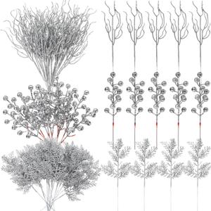 Craftsatin 75 Pcs Christmas Glitter Branches 3 Styles Artificial Christmas Picks Berries Stems Pine Needles Floral Twig Spray for Xmas Tree Ornaments DIY Wreath Garland(Silver)