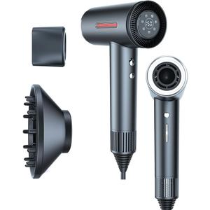 LESCOLTON Blow Dryer with Diffuser, Ionic Hair Dryer 110,000 RPM Brushless Motor 1400W Powerful High Speed, LED Display, 3 Speeds for Fast Drying, Low Noise, Lightweight Home Travel (Iron Gray)