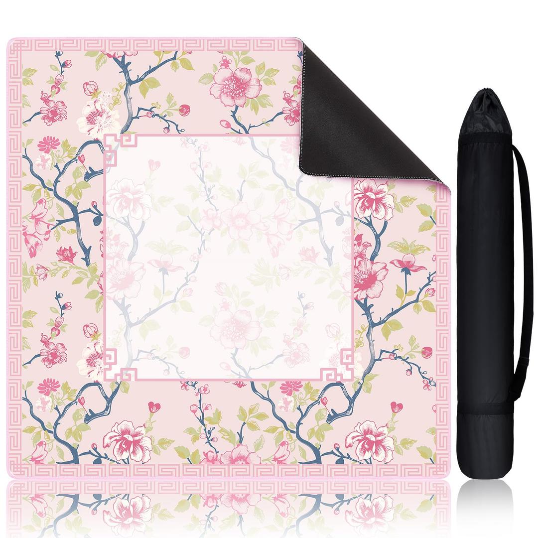 Chinoiserie Mahjong Mat Pink White Floral Design 31.5 x 31.5 Inch Gaming Mat with Black Carrying Bag Rubber Anti Slip Noise Reduction Table Cover for Mahjong Poker Board Games Dominoes Tile Card Game