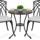 NUU GARDEN Bistro Set 3 Piece Outdoor Cast Aluminum Patio Bistro Set Patio Table and Chairs Set of 2 with Umbrella Hole and Gray Cushions, Black