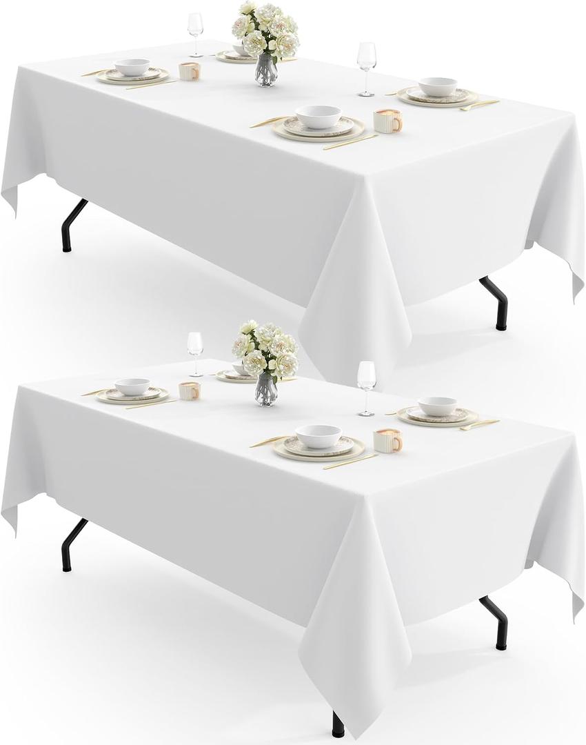 Pureegg Polyester Tablecloth 60" x 102" Reusable Washable 2 Pack White | Durable, Rectangle, for Outdoor Party, Picnic, Wedding, Banquet, Birthday