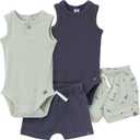 Modern Moments by Gerber Baby Boys' Ribbed 4-piece Sleeveless Bodysuit & French Terry Short Set, 0-3 Months 