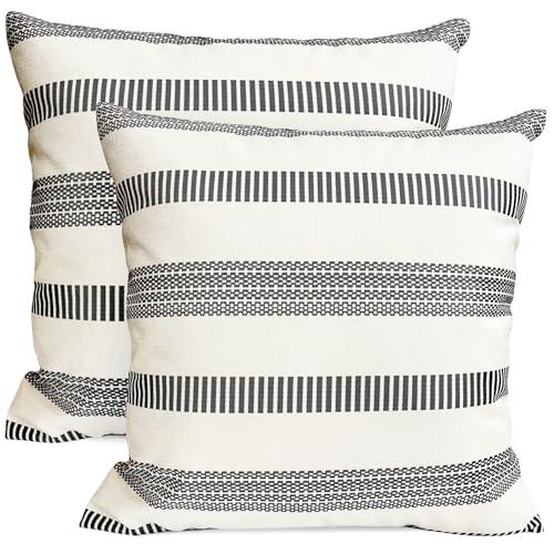 RYSMIYOU Decorative Throw Pillow Covers Set of 2 Dark Grey Pillow Covers 22x22 inch Throw Pillows Linen Square Pillow Case,Farmhouse Outdoor Modern Boho Striped Pillow Covers for Couch Sofa Bedroom