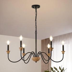 6-Light Wood Chandelier for Dining Room, Black Farmhouse Light Fixture, Modern Over Table, Rustic Candle Ceiling Light for Living Room Bedroom Entryway Kitchen, 32.5" Diameter