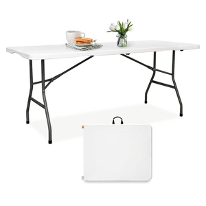 Folding Table 6FT HDPE 6 Foot Foldable Table Portable Banquet Surface Fold-in-Half Desk Utility for Working Meeting Parties, Picnic, Camping, Weddings, Catering, Garden Dining-White