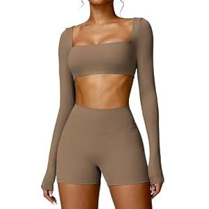 YEOREO Kyla Women Crop Top Long Sleeve Padded Sports Low Medium Impact Yoga Shirt Workout Brown XL