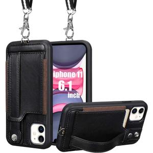 TOOVREN for iPhone 11 Wallet Lanyard Case Protective Cover with PU Leather Card Holder Adjustable Detachable Phone Lanyard Stand Strap for iPhone 11 6.1 Inch 2019 Black