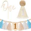 3 PCS 1st Birthday Highchair Banner Decorations Boy Handmade Boho Blue White High Chair Banner One Crown Hat Cake Topper Wall Hanging Decorative for Bedroom (Khaki)