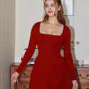YMDUCH Women's Sexy Square Neck Long Sleeve Mini Party Dress (Red, XL)