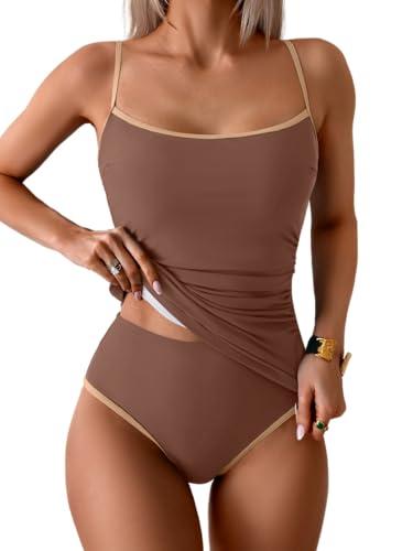 Eomenie Women's Tankini Swimsuits Two Piece Tummy Control Bathing Suit Color Block Slim Swimwear with High Waisted Bottom L