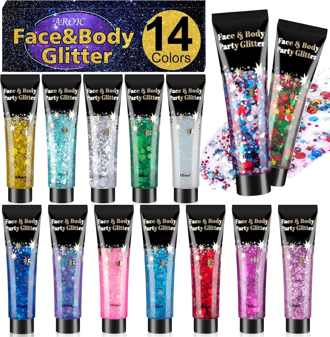 AROIC 14 Colors Body Glitter, Face & Hair Glitter Gel Set for Festival, Eye Shimmer for Women Glow in the Dark Rave Accessories Party Supplies, Face Paint Hair/Cheek/Eyelid Sparkle Makeup-18ml/Tube